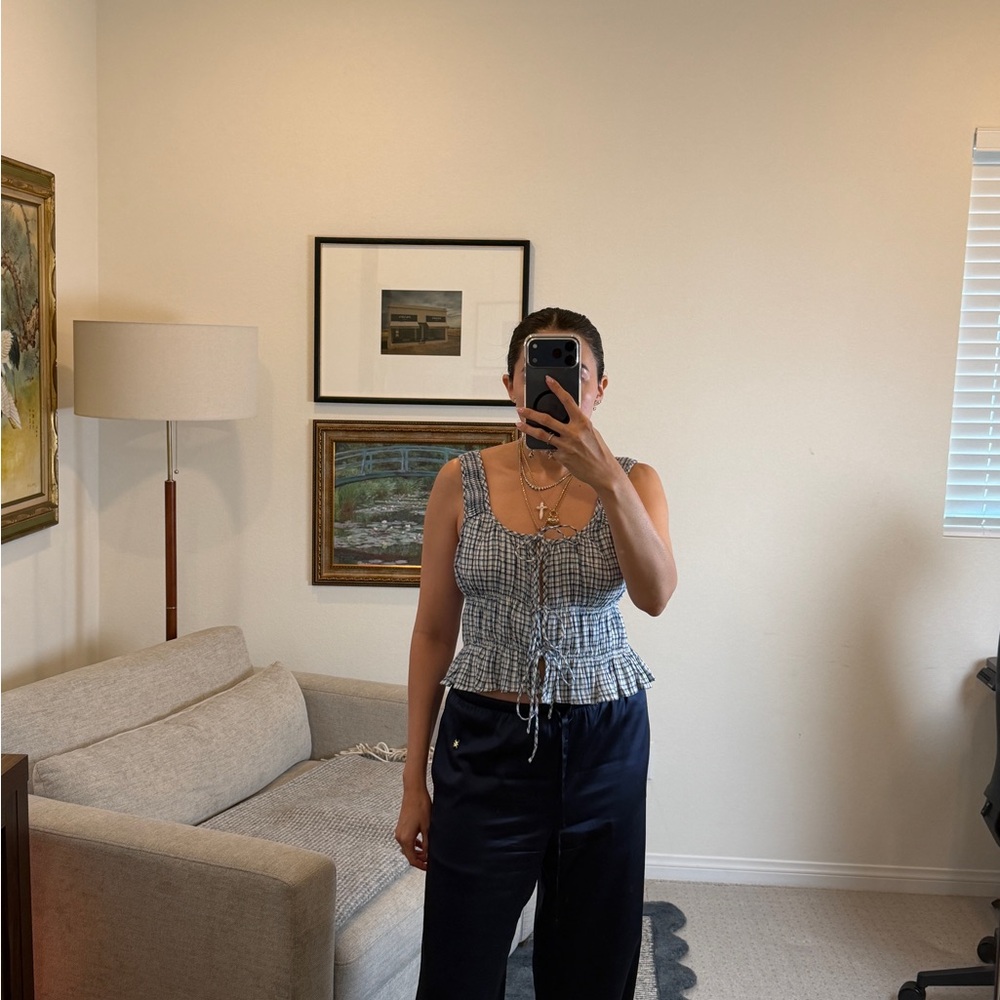 Abercrombie & Fitch Blue Gingham Ruffle Hem Tank Top